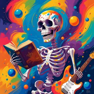 A happy skeleton reading a book while holding a guitar
